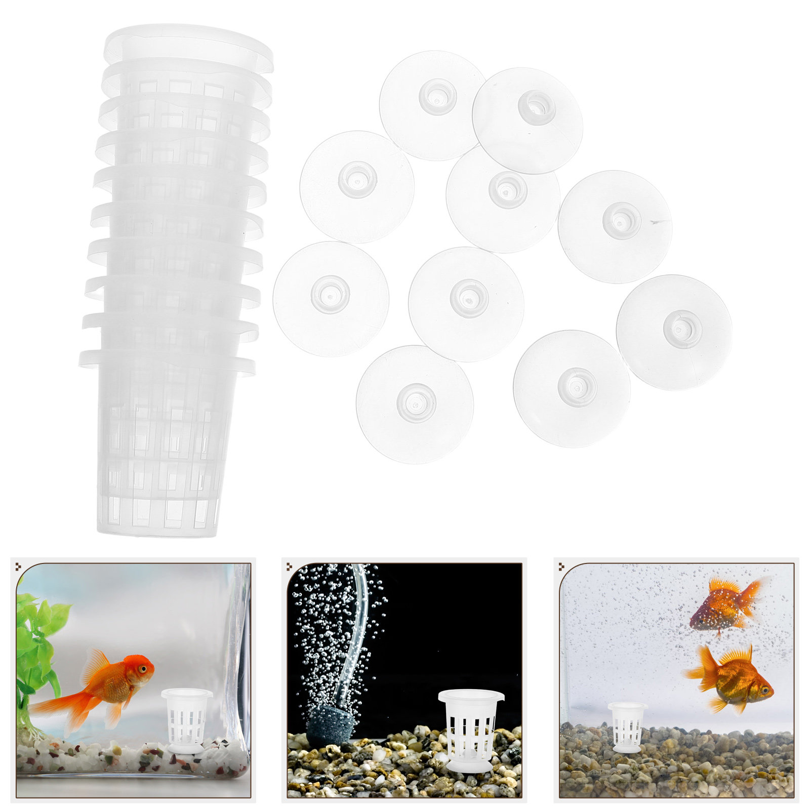 Aquarium Planting - ชุดกระถางตาข่ายไฮโดรโพนิกพร้อมถ้วยดูด ตะกร้าปลูกต้นไม้ตาข่ายแข็งแรง วางได้อย่างมั่นคงสำหรับการเพาะเลี้ยงในตู้ปลาเพื่อสุขภาพที่ดี
